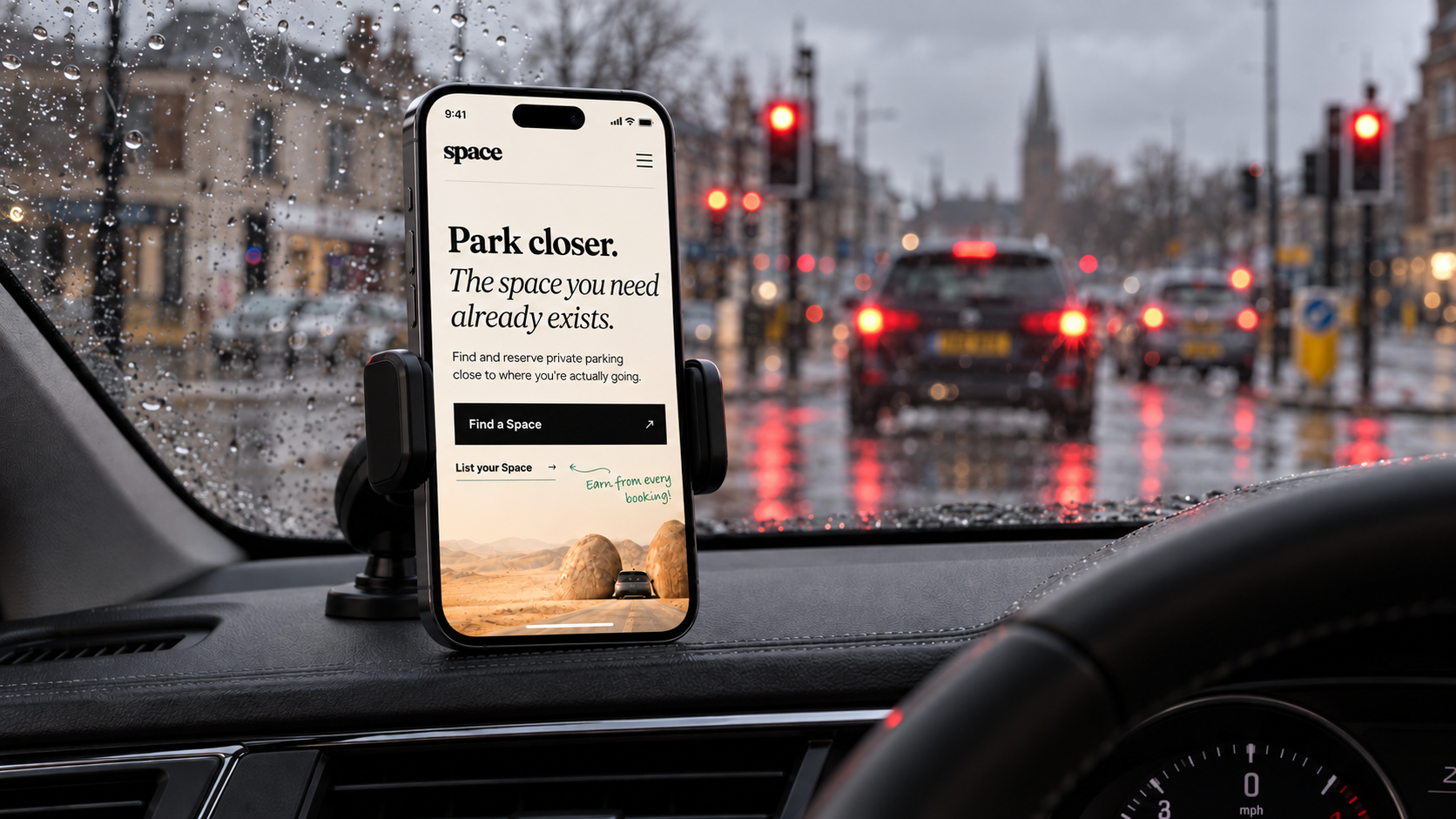 Space parking platform displayed on a phone inside a car