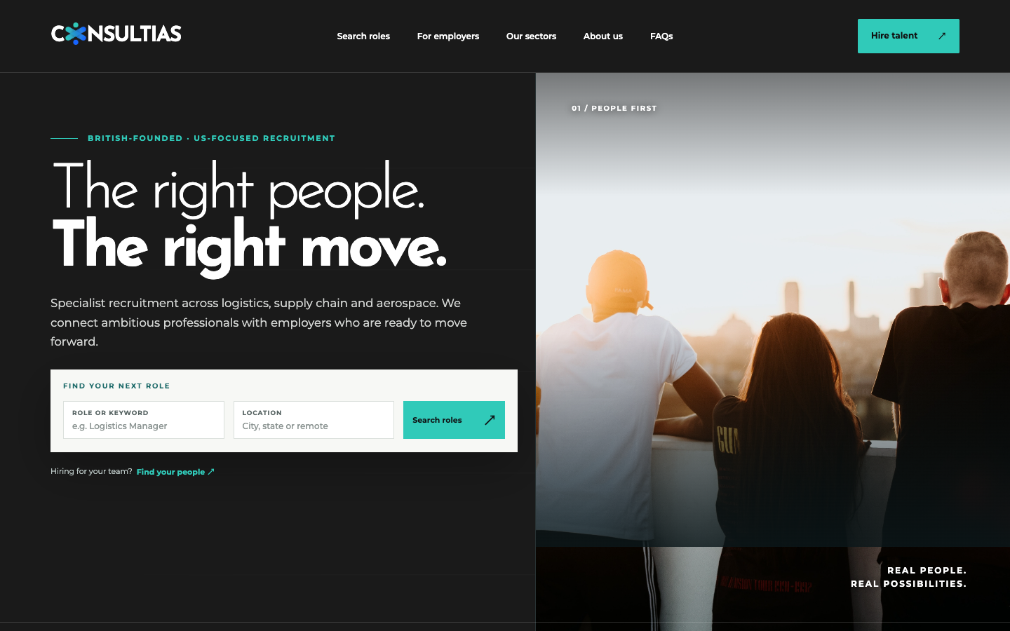 Consultias homepage concept with candidate search and an employer pathway