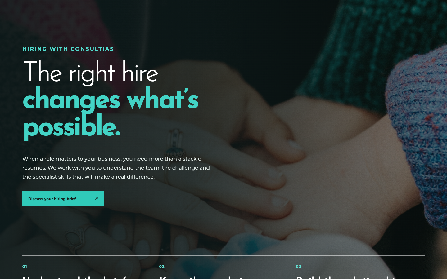 Consultias employer section showing the hiring proposition, partnership photography and three-point approach