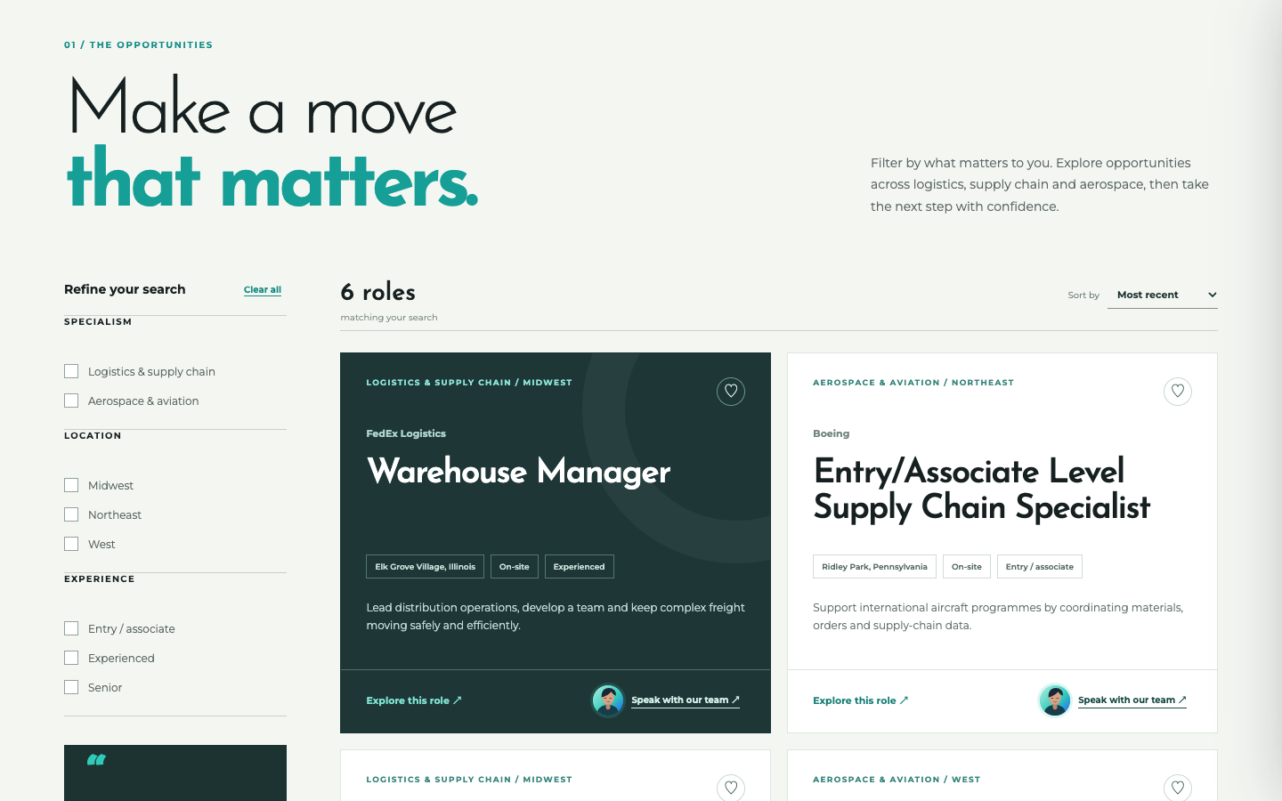 Consultias roles page with filters and card-based logistics and aerospace opportunities