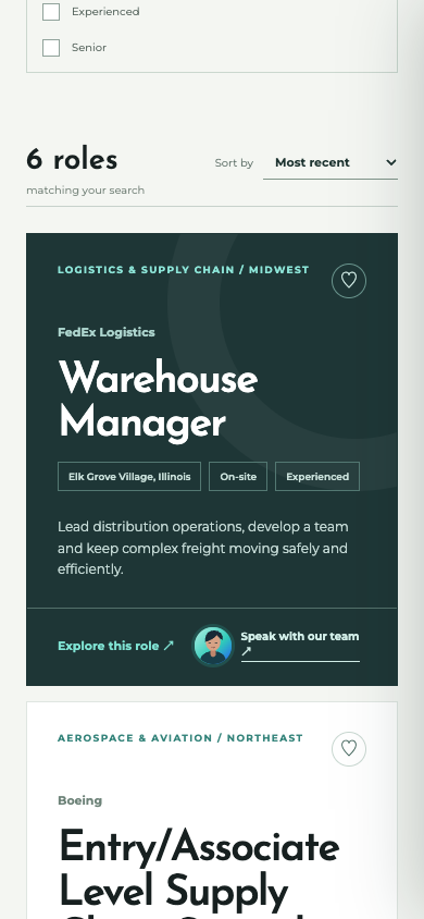 Mobile Consultias role card with employer, location, experience and a personal conversation option