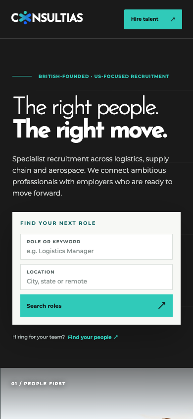 Consultias homepage concept on a mobile screen