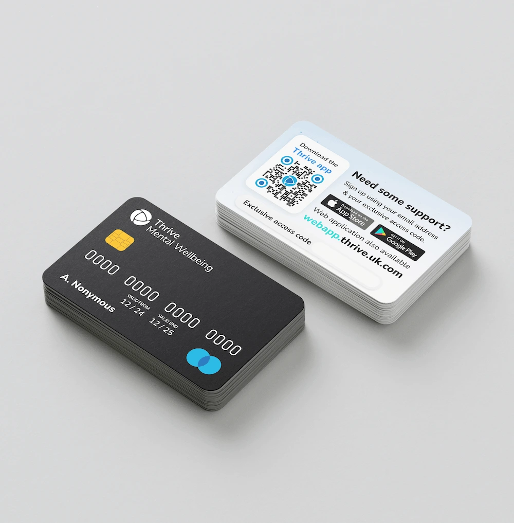 Thrive Mental Wellbeing access cards with app download details and QR code
