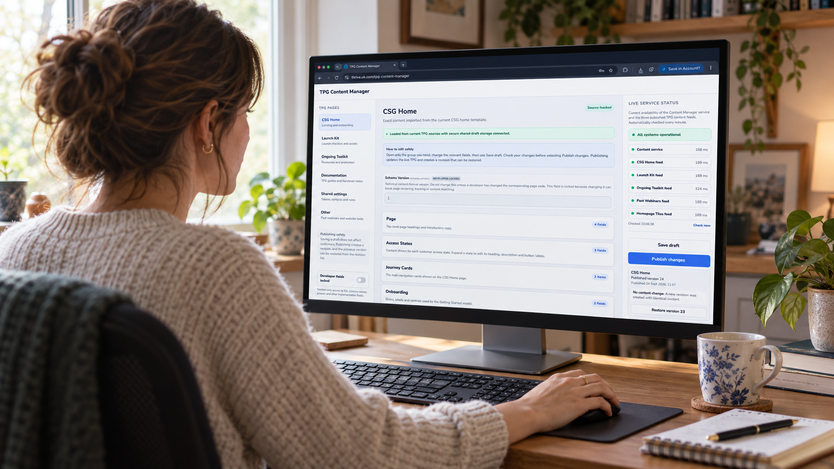 Thrive Customer Success team member managing the TPG from a desktop workspace