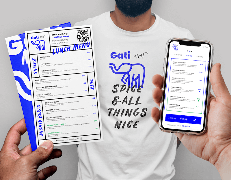 A menu & tshirt mockup for a street food stall called Gati.