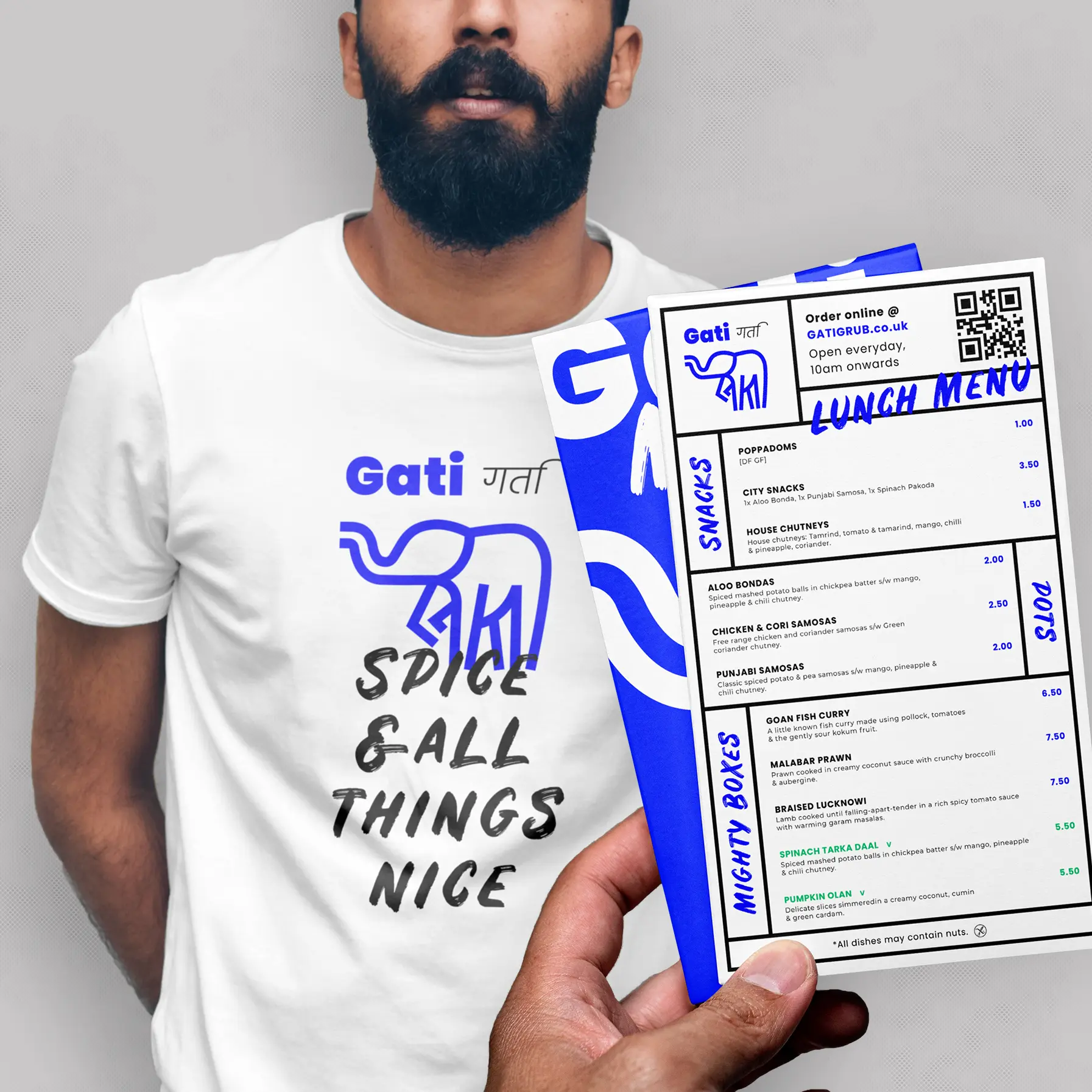 A menu & tshirt mockup for a street food stall called Gati.